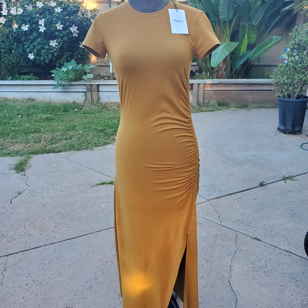 Theory Golden Midi Dress with Ruched Detail